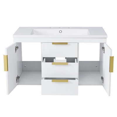 Wall Mounted Bathroom Vanity Floating Bathroom Storage Cabinet With Resin Sink, 2 Drawers, And 2 Doors, White