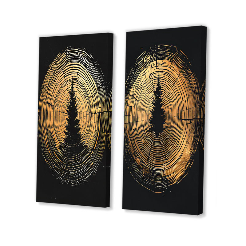 Abstrait noir et or de l'anneau d'arbre I - Collection de 2 panneaux de toiles florales, Toile tendue, H 32 po x l 33 po