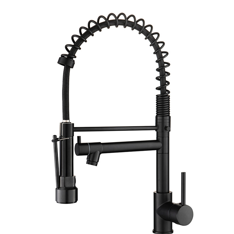 Robinet de cuisine noir avec poignée rétractable, conception à poignée simple, corps en laiton, empreinte digitale, jet d'eau réglable, étapes d'installation rapide, poignée rétractable commerciale, fuite facile