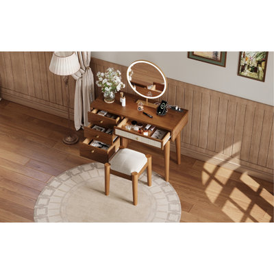 Ensemble coiffeuse 39 po en bois de style bohémien rétro avec prise de charge et port USB et tabouret, coiffeuse avec 3 tiroirs de rangement et 1 tiroir rectangulaire en rotin, noyer