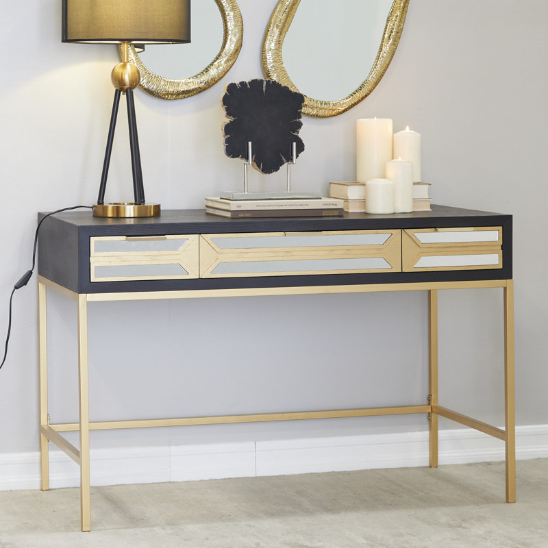 Thetisa Wooden 3 Drawers Desk with Mirrored Front and Outlet, Black/Gold