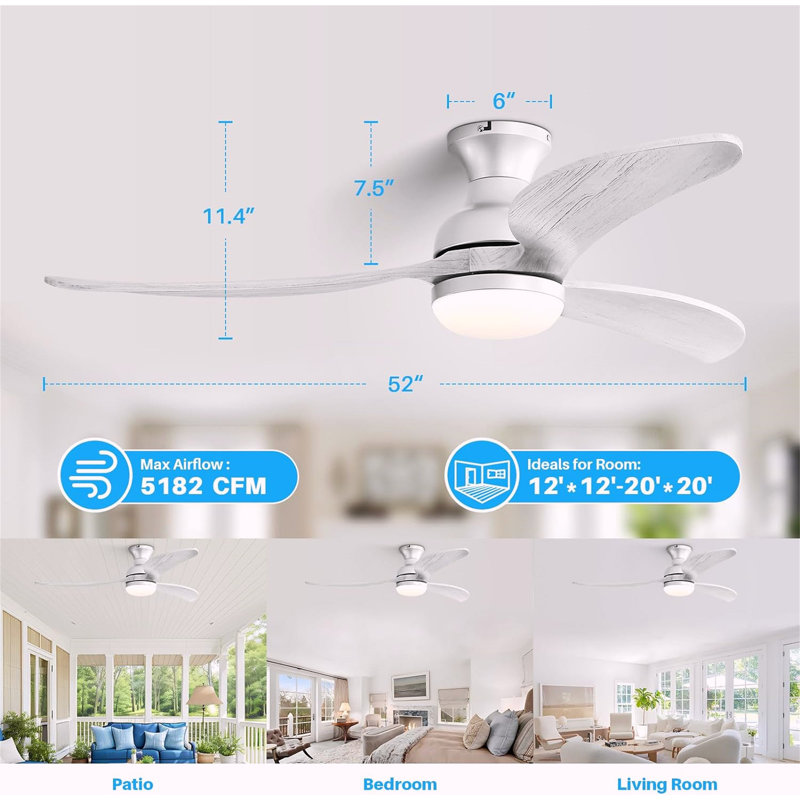 Ventilateur de plafond moderne de 52 pouces avec moteur à courant continu réversible à télécommande à 3 pales en bois massif à intensité variable