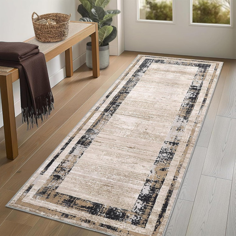 Washable Modern Distressed Edge Thin Indoor Rug, Low Pile Area Rug with Stain Resistant Surface, Non Slip Backing & Easy Clean for Living Room, Bedroom, Home Office, Entryway