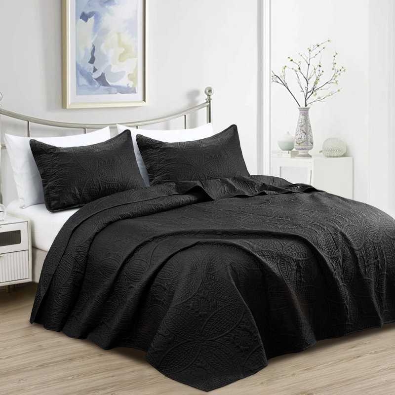 3 Piece Bedspread Set - Reversible Quilt Set - Lightweight Microfiber Coverlet for Queen King Twin, Black