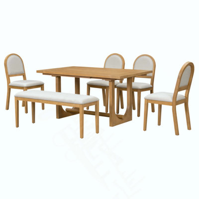 Ensemble de salle à manger 6 pièces pour 6 personnes, table extensible en bois massif (122 à 214 cm) avec 4 chaises rembourrées et un banc, style campagnard, idéal pour la cuisine et la salle à manger.