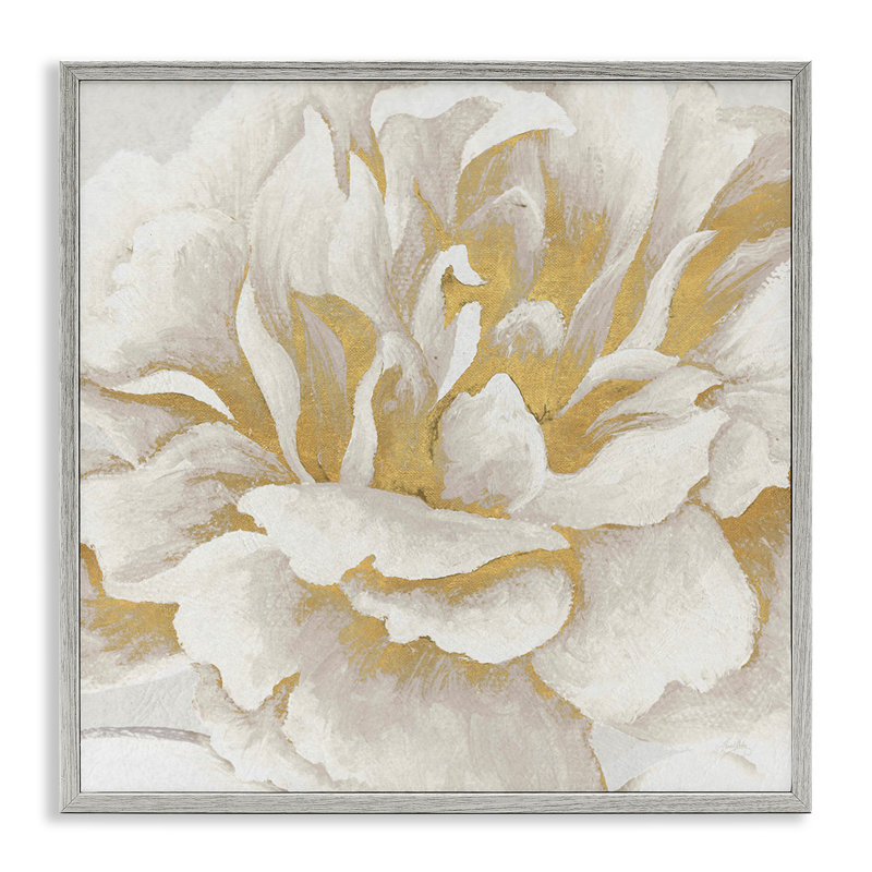 Art doré et giclée encadrée de fleurs dorées et blanches par Elizabeth Medley, H 12 po x l 12 po, Estampe numérique Farmhouse