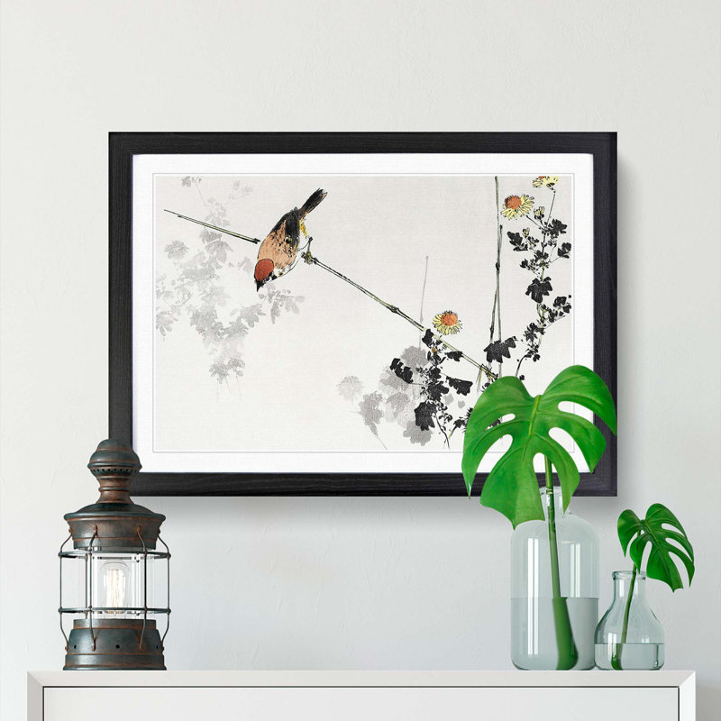 Japanese Swallow Bird by Watanabe Seitei - Picture Frame Painting Print on MDF, Black Framed, 62cm H x 87cm W x 2cm D