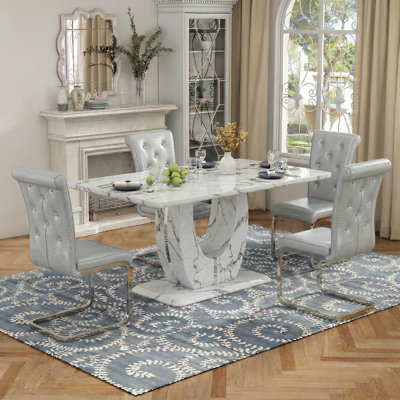 63'' Modern Glam Faux Marble Dining Set With [4/6] Crystal Button Tufted Faux Alligator Leather Chairs