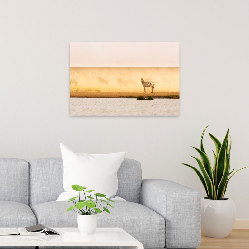 Zebras In Golden Dust Peaceful Serene Tranquil Zebra Landscape Nature Wall Art Print 1 Piece Wrapped Canvas Wall Art