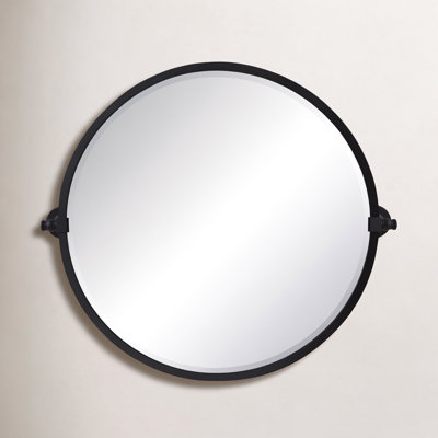 Opeline 26'' x 26'' Matte Black Round Beveled Bathroom Mirror