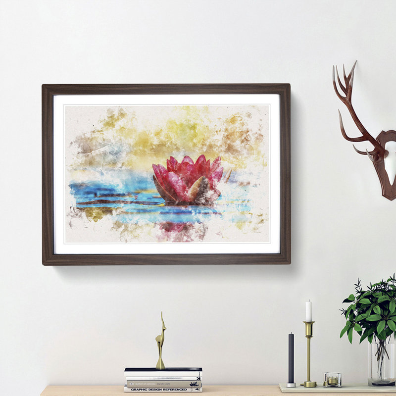 Pink Water Lily Flower - Picture Frame Painting Print, 62cm H x 87cm W x 2cm D, Walnut Framed