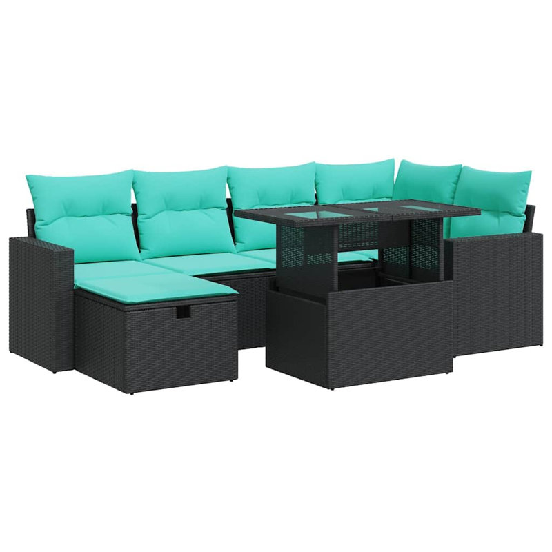  7 Piece Patio Sofa Set With Cushions Poly Rattan Acacia, Gray, Green