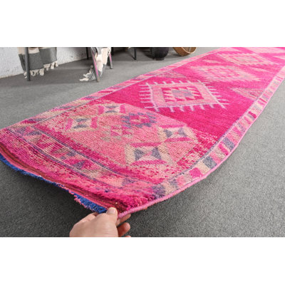 Handwoven Vintage Turkish Runner Rug in Pink Wool for Boho Hallway Decor and Unique Gifts Pink