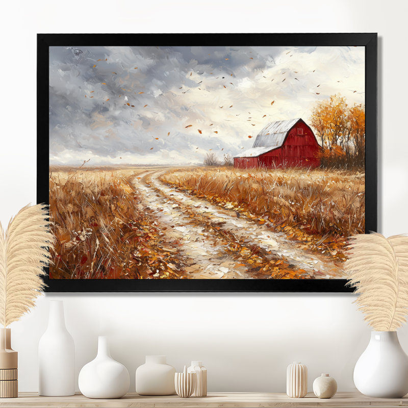 Windy Prairie Leaves Path To The Farm II - feuilles, art mural, Reproduction d'une seule photo avec cadre, Noir