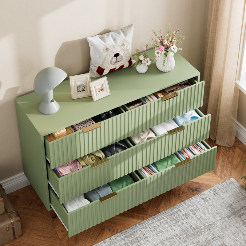 Commode de rangement cannelée à 6 tiroirs, Vert