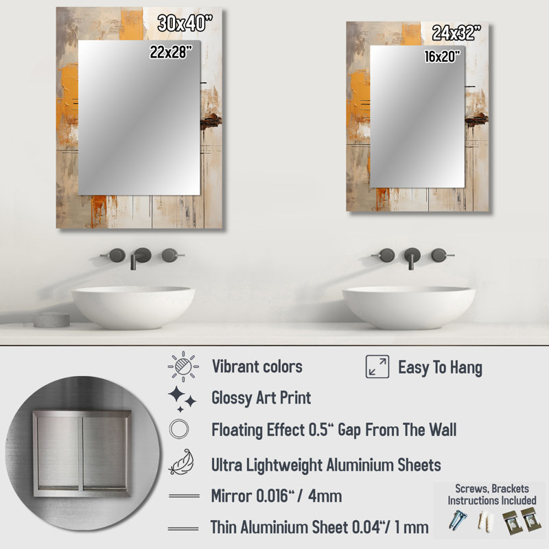 Orange Impressions II - miroir mural décoratif abstrait, miroir jaune, impression sur métal, 32 po x 24 po