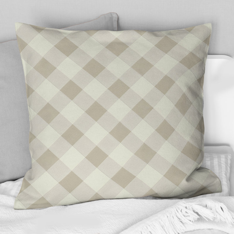 Coussin décoratif moderne beige et gris Gingham I, H 18 po x l 18 po