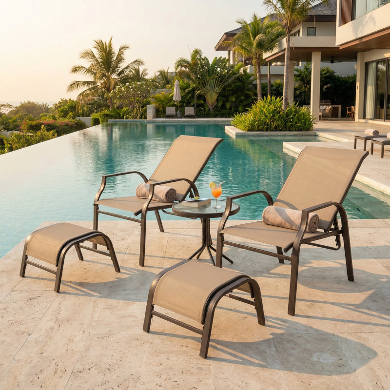 Aldos 5-Piece All Weather Outdoor Adjustable High Backrest Chaise Lounge Patio Furniture Set with Ottoman, 20" W Seat Width