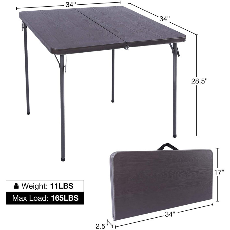 Table carrée pliée 34 po avec plateau en résine et pieds pliables 34 po, Brun foncé