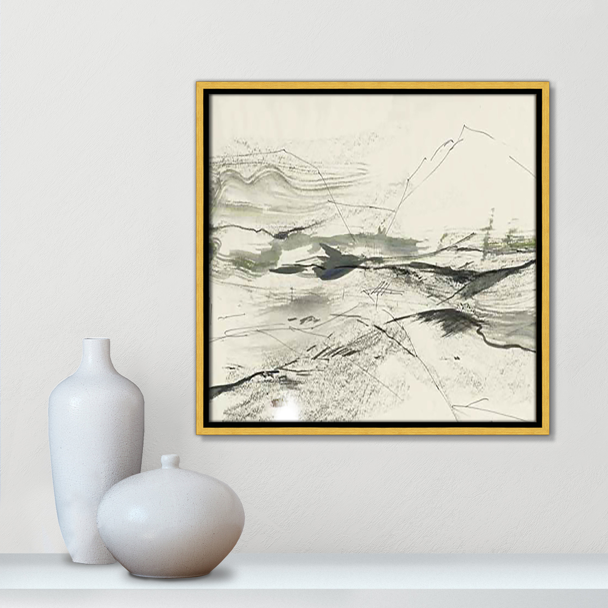 Green Sketches, 17.5" H x 17.5" W x 2" D, Gold Floater Framed