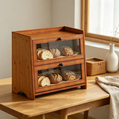 Boîte à pain en bambou pour comptoir de cuisine, contenant de rangement pour pain en bois de grande capacité à 2 niveaux, garde-pain pour pain maison, bagels et pâtisseries, garde-manger et range-café