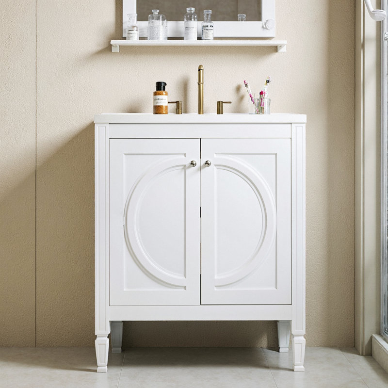 30 Inch Vintage White Bathroom Vanity with Ceramic Sink, No Assembly Needed, Soft Close Doors, Farmhouse Style