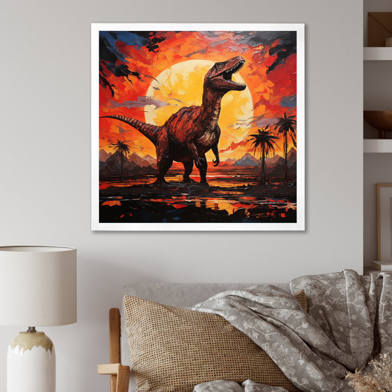 «Red and Yellow Dinosaur Sunset III - Dinosaur», art mural encadré, Cadre simple blanc, H 30 po x l 30 po x P 1,5 po