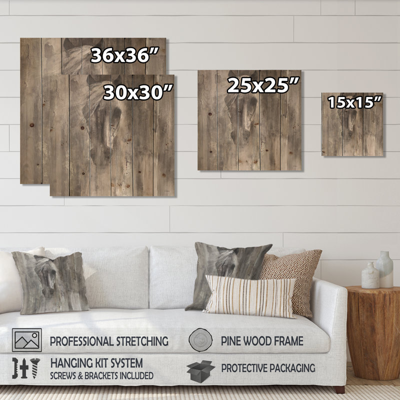 Cheval de ferme - impression de ferme moderne sur bois de pin naturel, H 30 po x l 30 po x P 1 po