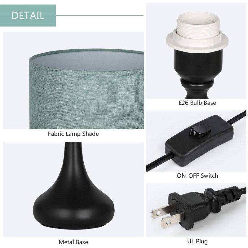 Bedside Table Lamps Line Fabric Lampshade Metal Lamp Base, Black, 15.5" H x 7.3" W x 7.3" D, Light Blue