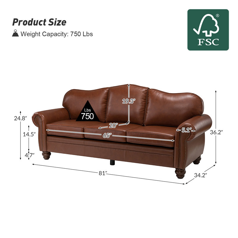Eugene 81" Traditional Genuine Leather Sofa, Brown