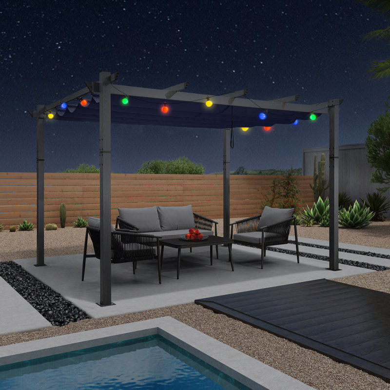 Pergola en aluminium avec auvent, Bleu marine, 9,9 pi x 12,9 pi
