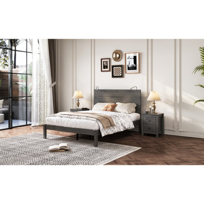 3-Pieces Bedroom Sets, Full Size Farmhouse Platform Bed With 2-Drawer Nightstand