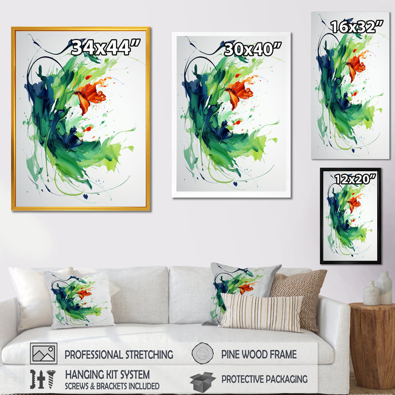 Peinture abstraite verte et blanche II - art mural abstrait, Cadre doré simple, H 40 po x l 30 po x P 1,5 po