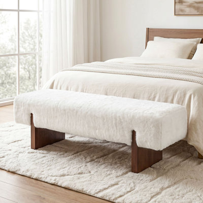 55" W Faux Fur Bench with Solid Wood Legs