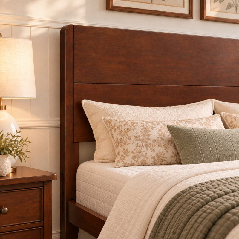 Bamboo Platform Bed with Headboard and Wood Slat Support, Chocolate