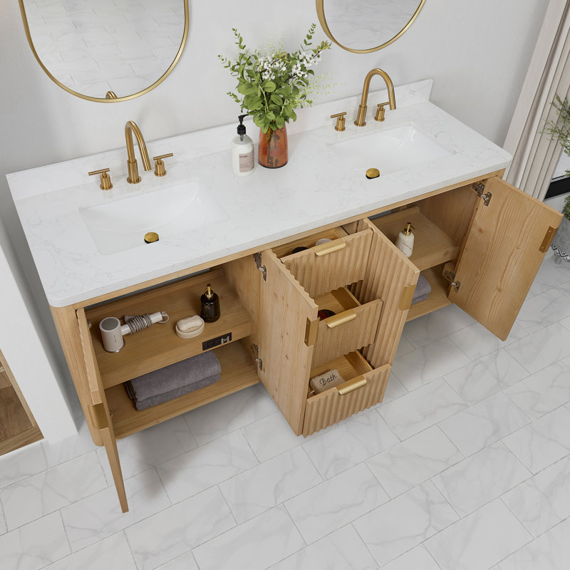 Ensemble de meuble-lavabo double 72 "avec miroir, Blanc, Doré, Brun