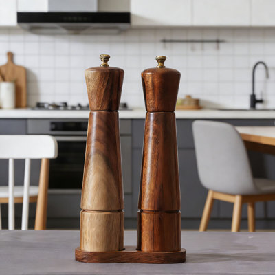 Premium Acacia Wood Salt And Pepper Mill Set With Tray | Adjustable Ceramic & Stainless Steel Grinders For Fresh Spices | 10-Inch Kitchen Essential