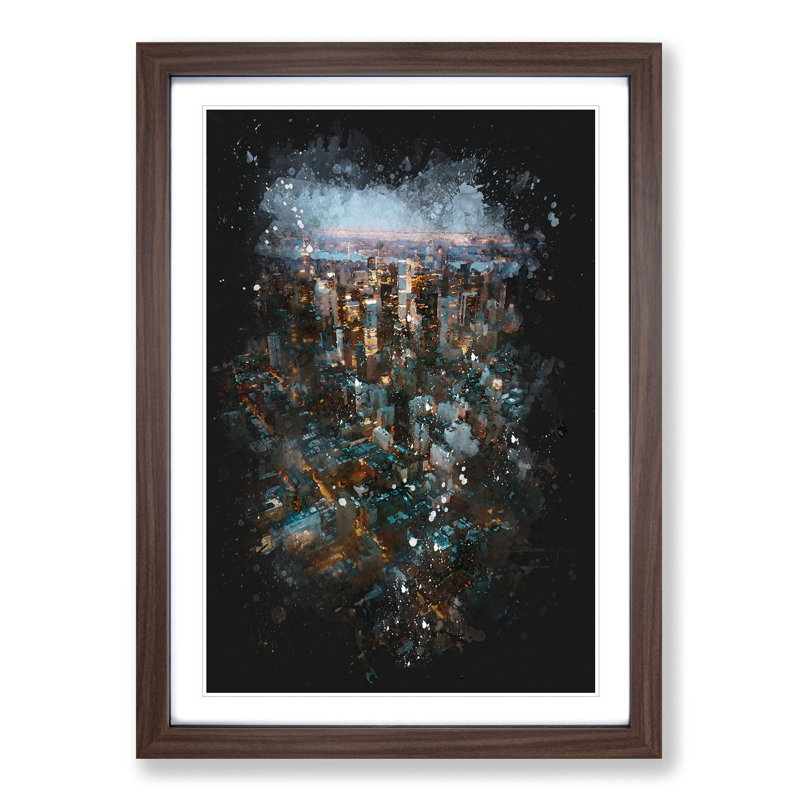 Above New York City - Single Picture Frame Painting on MDF, Walnut Framed, 87cm H x 62cm W x 2cm D