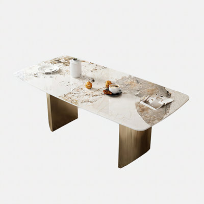 Modern Sintered Stone Dining Table: 600lb Capacity Rectangular Table w/Rounded Corners - Scratch-Resistant Surface, Easy Clean Metal Base in Gold/Grey