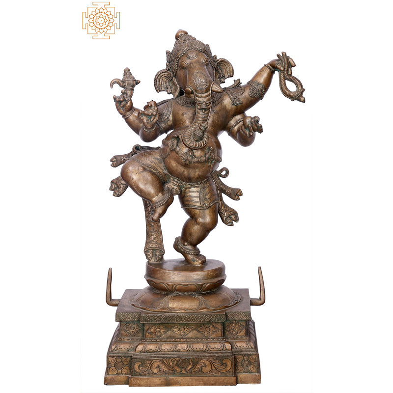 30" Dancing Ganesha Panchaloha Bronze Statue – Handmade Madhuchista Vidhana Lost-Wax Lord Ganpati Idol, Energetic Indian Hindu God Sculpture