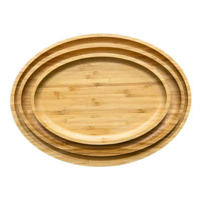 Ensemble de 3 plateaux de service en bambou - Planches à découper - Ensemble de planches à charcuterie pour le fromage, la viande, les fruits et les hors-d'œuvre - Plateau décoratif en bois pour la cuisine, la maison et la salle de bain (ovale)