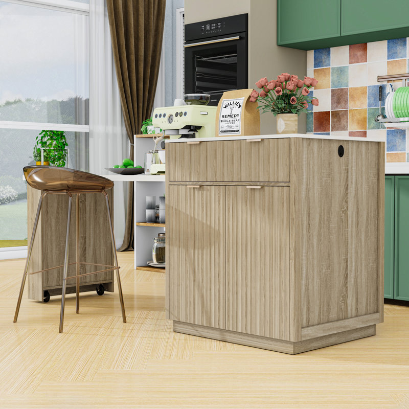 Îlot de cuisine avec table de salle à manger extensible pour 4 à 6 personnes, rangement double face, prise de courant et tiroirs