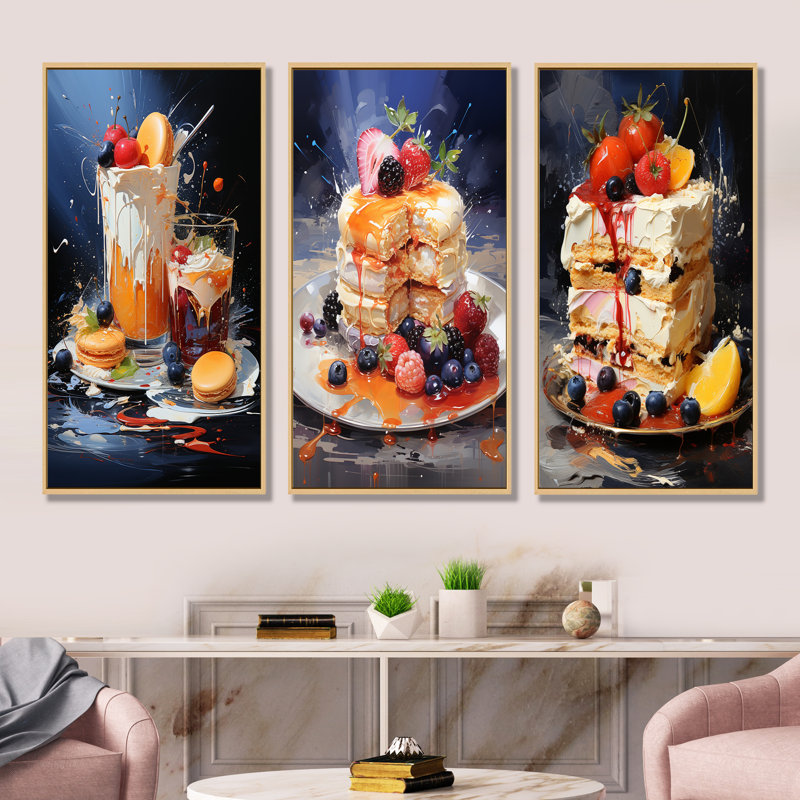 Expressive Cravings Desserts - Ensemble de salon mural de 4 desserts, H 28 po x l 36 po, Cadre flottant brun