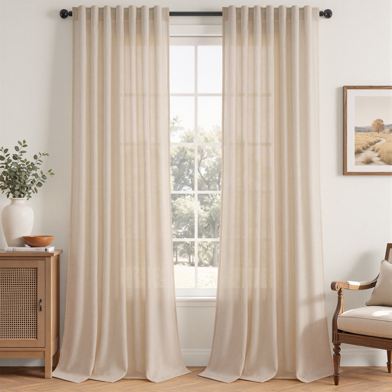 Dennan Linen Curtain Rod Pocket Back Tab,Linen Semi Sheer Curtains for Bedroom, 50" W x 108" L, Sand Beige