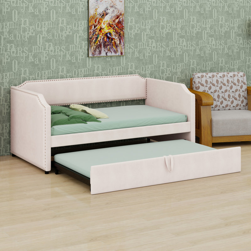 Lit de jour en velours avec lit gigogne, Beige