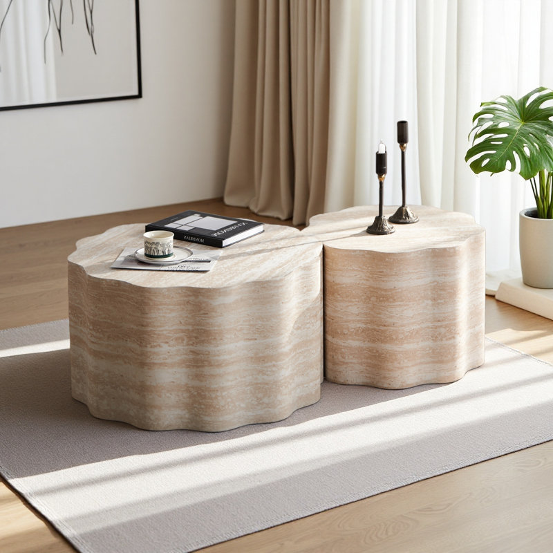 Ensemble de 2 tables basses rondes pour le salon, table d'appoint moderne d'appoint avec motif de faux Mars