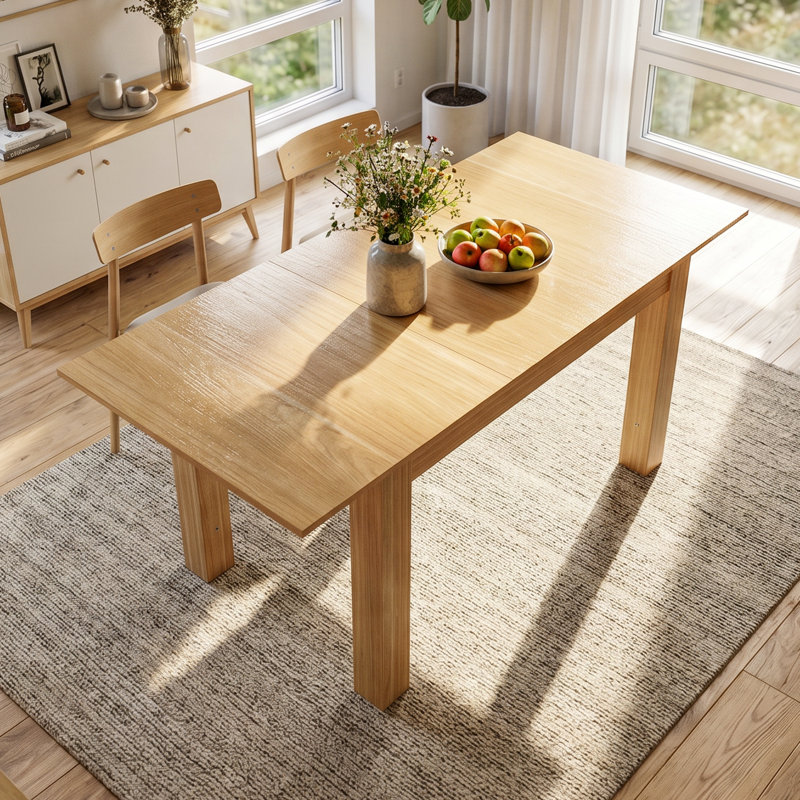 120-160cm Extending Dining Table with 8cm Solid Wood Legs - Seats 4-6 - Modern Natural Wood