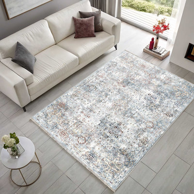 Tapis de couloir tapis en chenille rétro bleu antidérapant lavable pour salon, chambre à coucher, cuisine