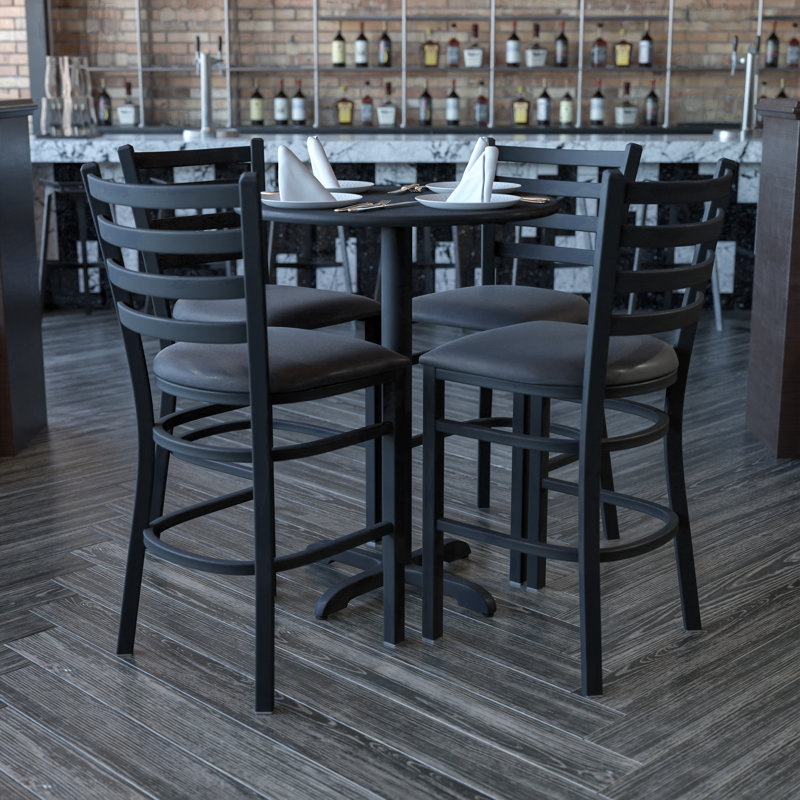30'' Round Laminate Table Set with X-Base and 4 Ladder Back Metal Barstools, Black, Black