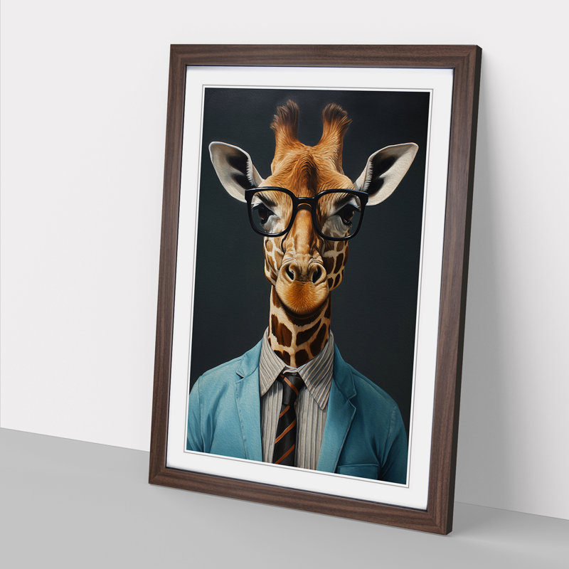 Giraffe with Glasses Painting - Framed Print, Walnut Framed, 34cm H x 25cm W